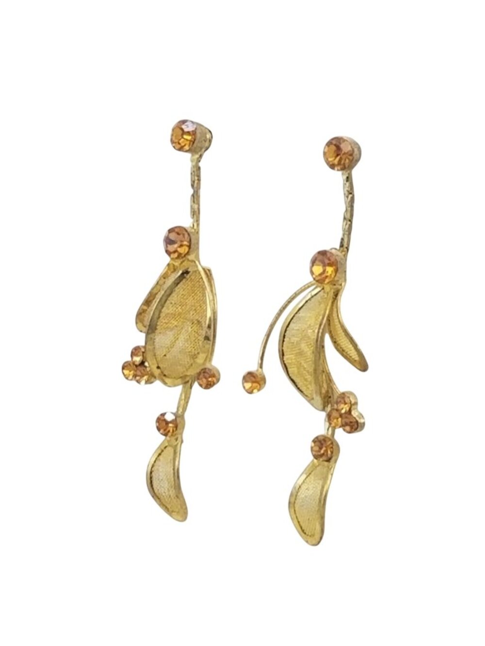 Gold Tone Mesh Long Dangly Floral Earrings Orange Rhinestone Well Made